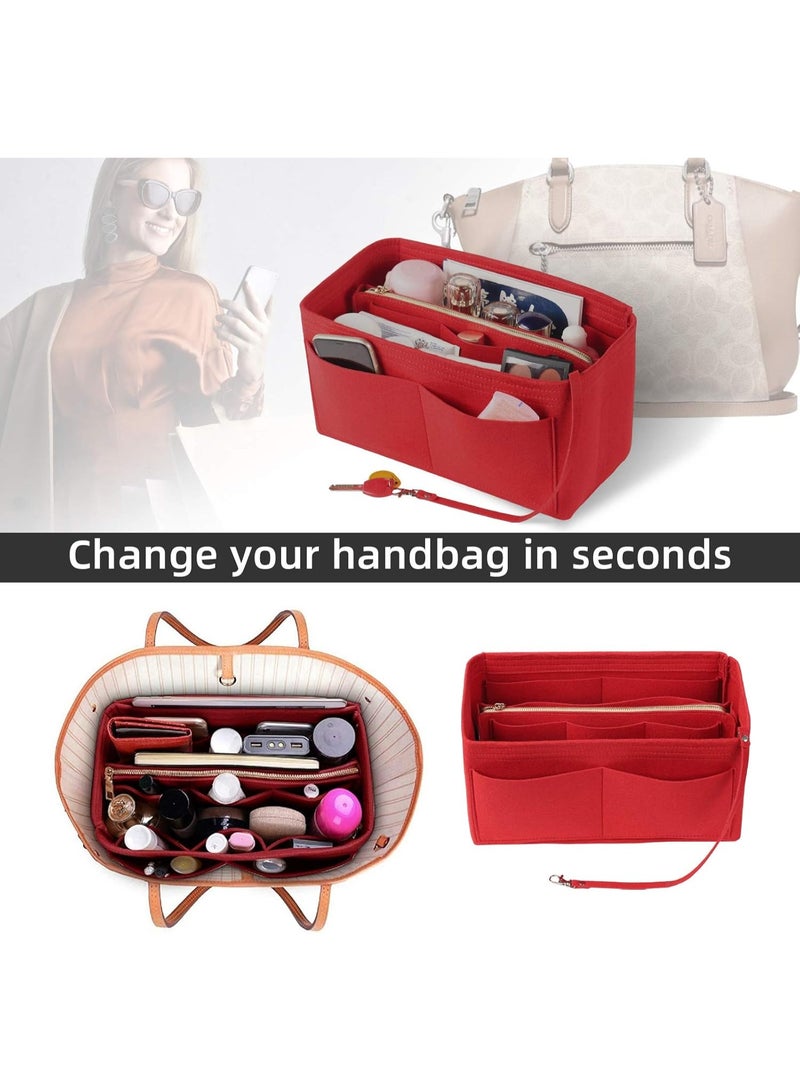 FAYET Large Felt Purse Organizer Insert with Zipper, Multi-Compartment Handbag Makeup Organizer, Travel Toiletry Storage Bag for Women(Red) - Image 5